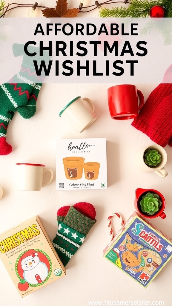 Flat lay of budget-friendly Christmas wishlist items including socks, mugs, board games, and a succulent plant on a festive background.